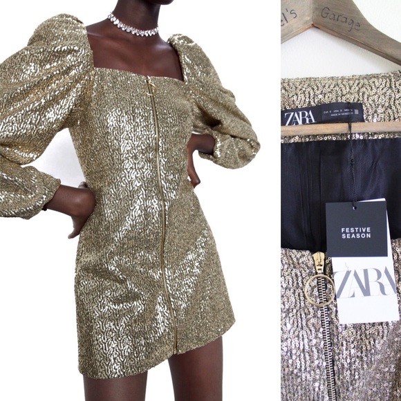 Zara NWT Bloggers Favorite Golden Sequin Puff Sleeve Zipped Party Shimmer Dress - Picture 12 of 16